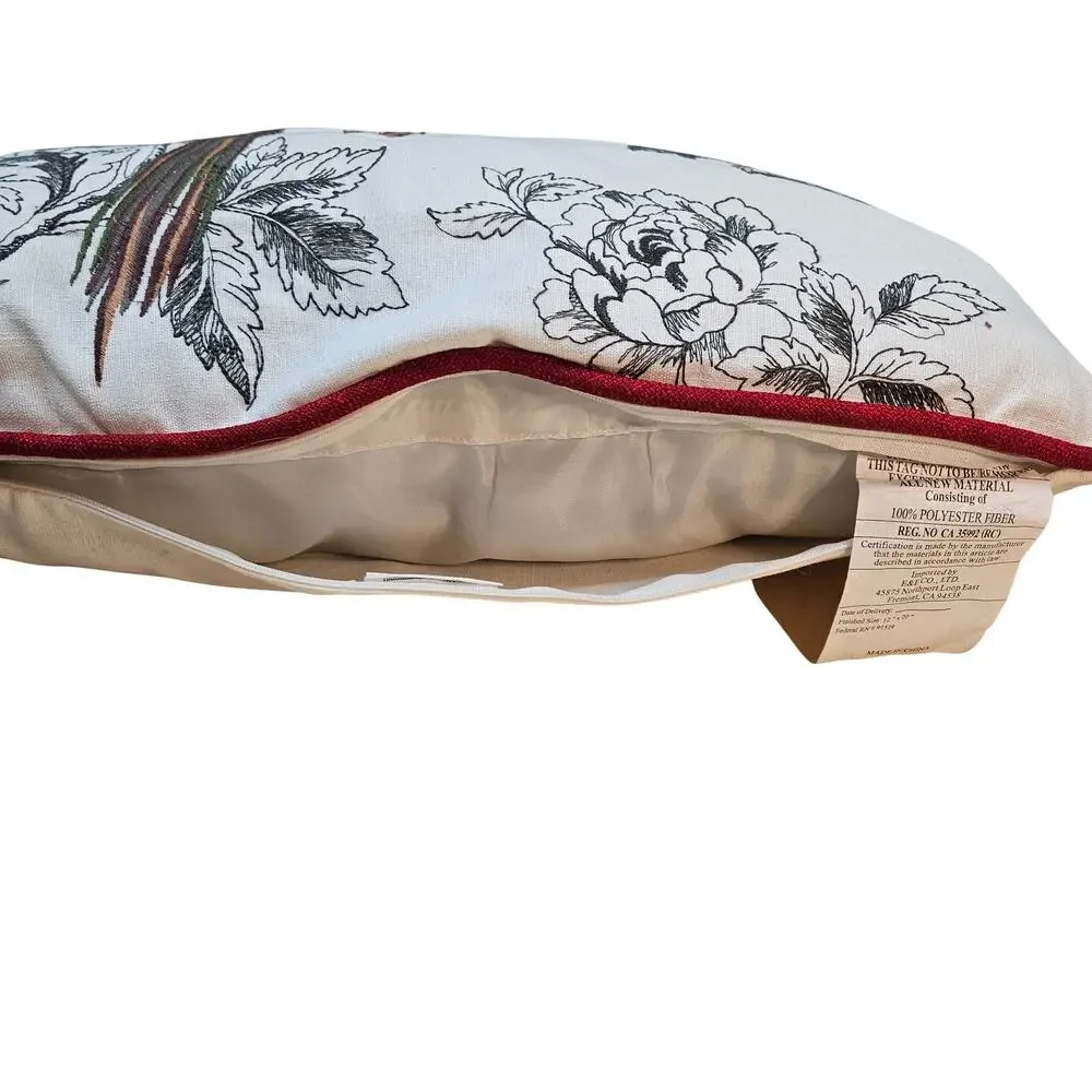 Linen Blend Lumbar Pillow Black White w/colored Floral Embroidered Birds Zipper